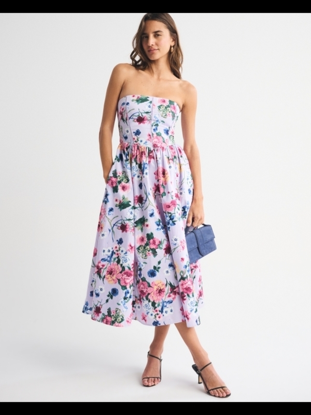 Abercrombie & Fitch Lavender Floral Bra-Free Dipped Waist Midi Stapless Dress